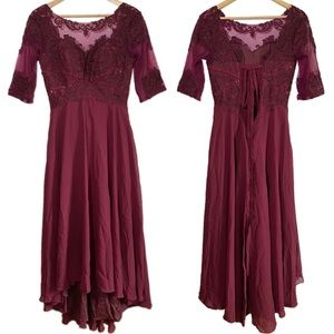 Burgundy Lace Applique Lined Chiffon Lace-Up High-Low Tea Length Formal Dress 6